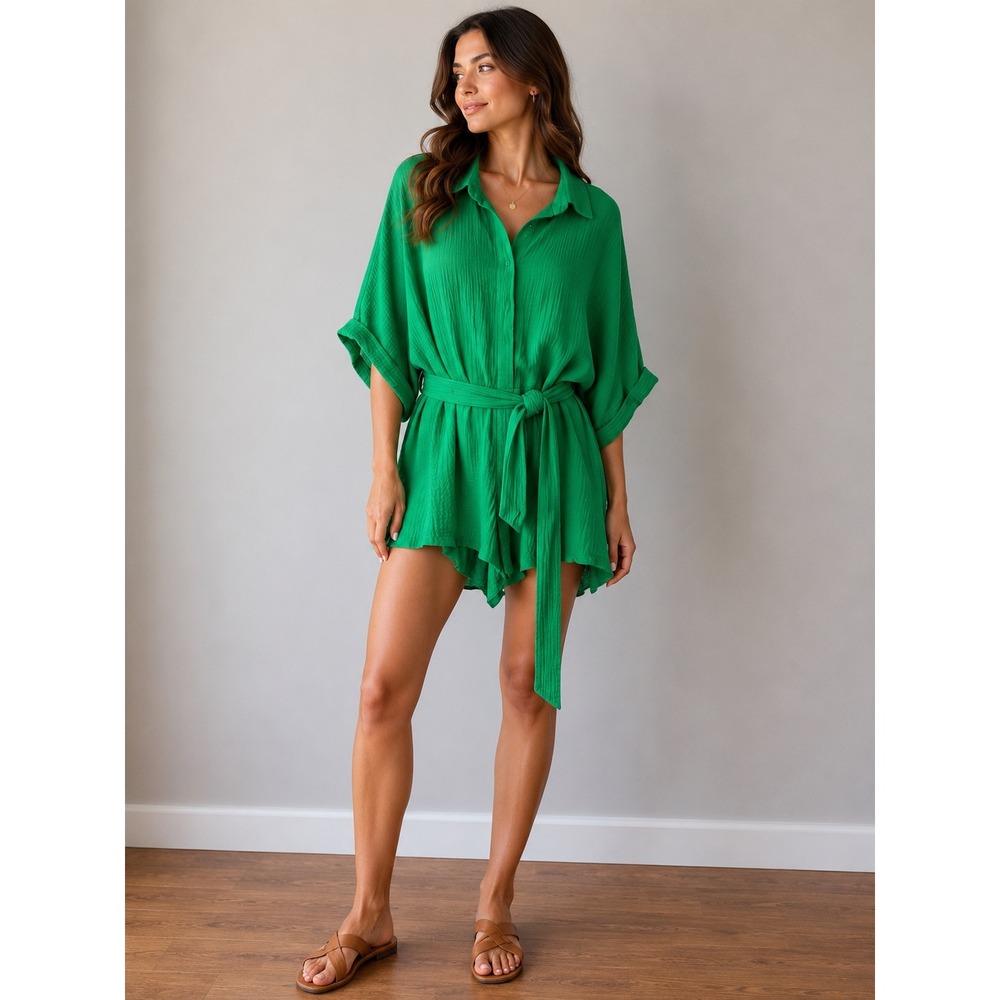Meet me in Santorini Green Gauze Button Front Belted Romper Size L‎ MS15610-J1S